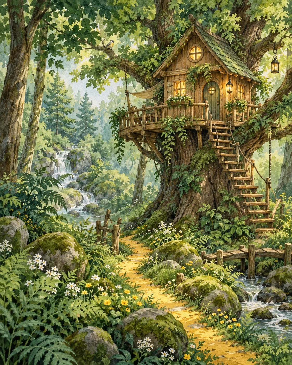 Watercolor forest treehouse inspiration artwork