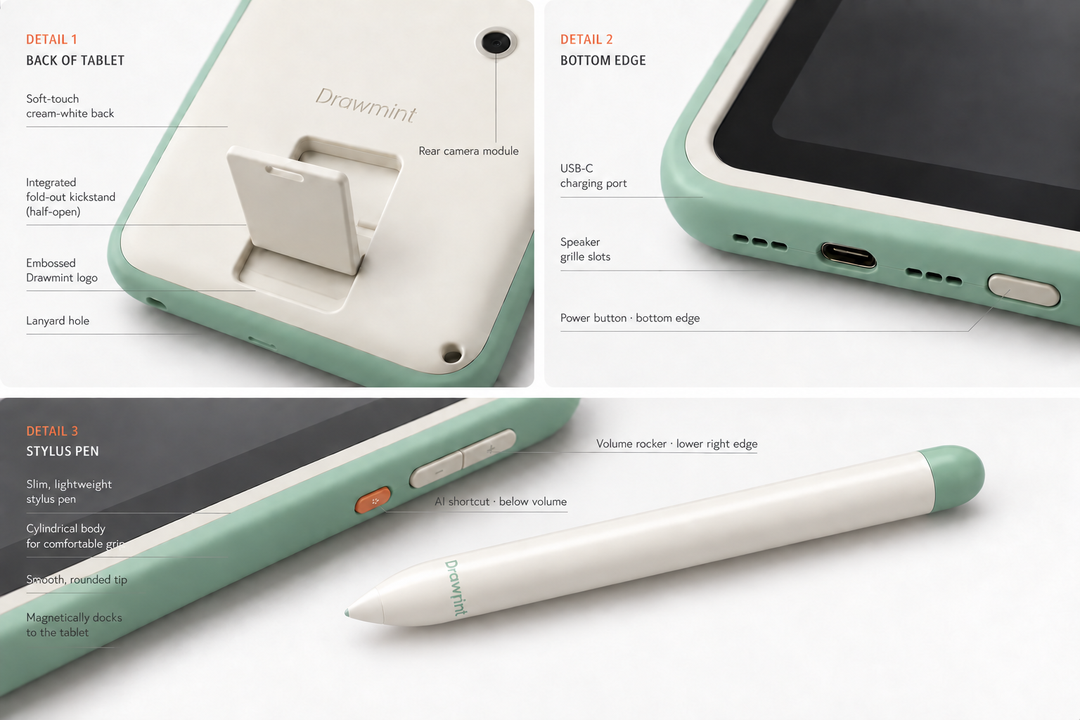 Concept design details of the Drawmint rear camera, bottom power button, lower-right volume rocker, orange AI shortcut and active pen