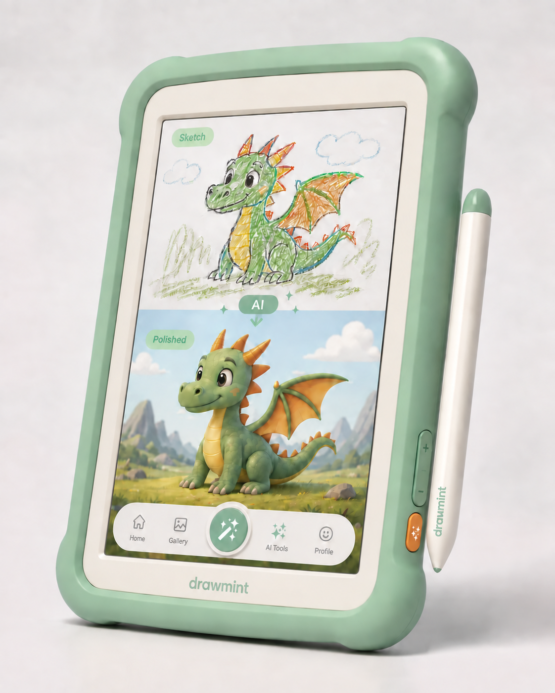 Mint-green Drawmint drawing pad and active pen concept, with a clean front, lower-right volume rocker and orange AI shortcut below